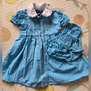 Ralph Lauren Baby Girl Dress 18M Blue Stripe Cotton Peter Pan Collar Coastal